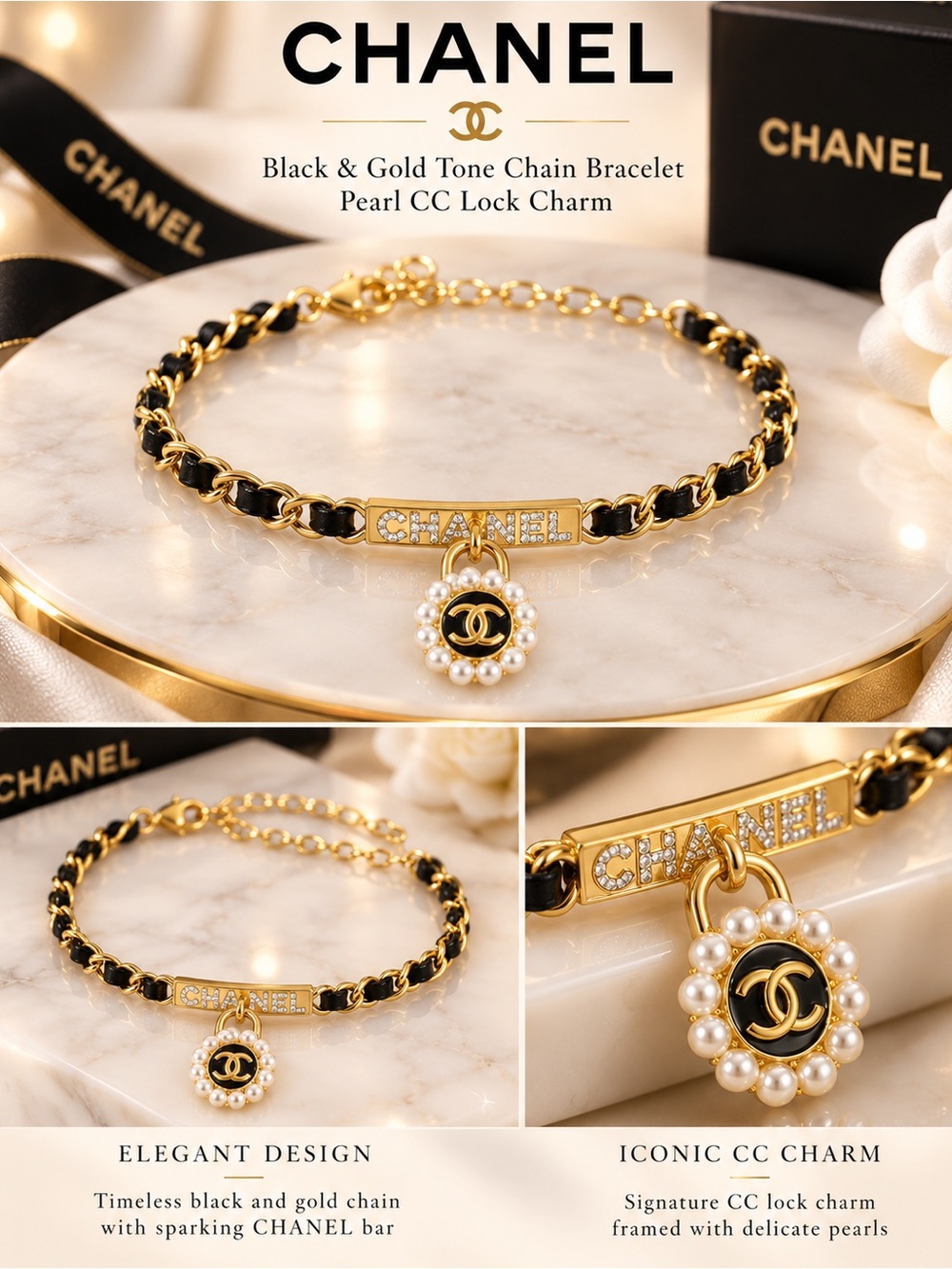 Black & Gold Tone Chain Bracelet with Pearl Charm